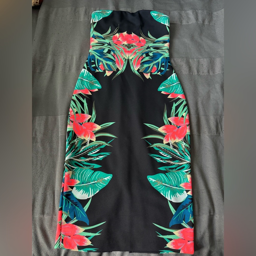 Express Tropical Bodycon Midi Strapless Dress
